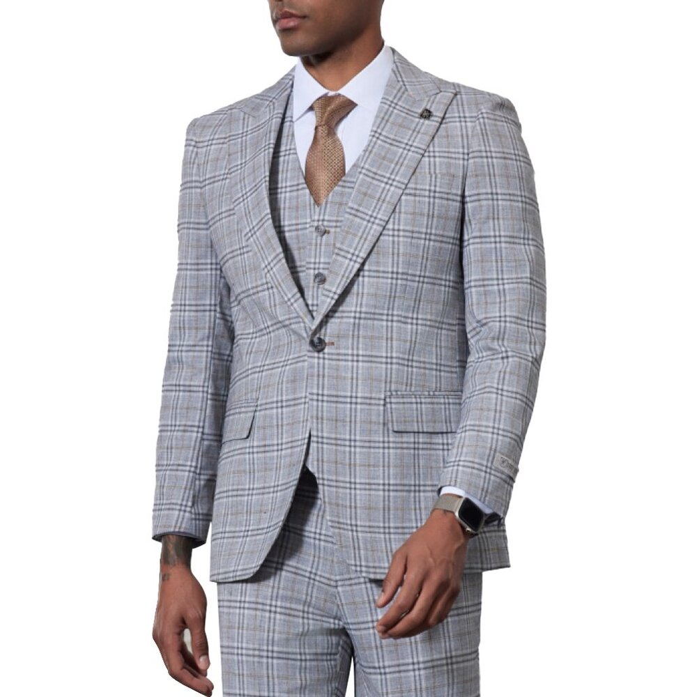 Blue/Grey Glen Plaid 3 Piece Stacy Adams Men's Suit